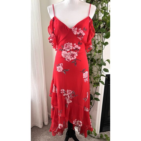 Speechless Red Floral Off Shoulder Ruffly Flowy Chiffon Dress - Medium - Picture 2 of 11